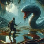 AI Generated Man in Swamp Facing Leech Monster